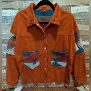 Boho Southwestern Rust Cordoroy W Aztec Tapestry Drop Shoulder Shacket